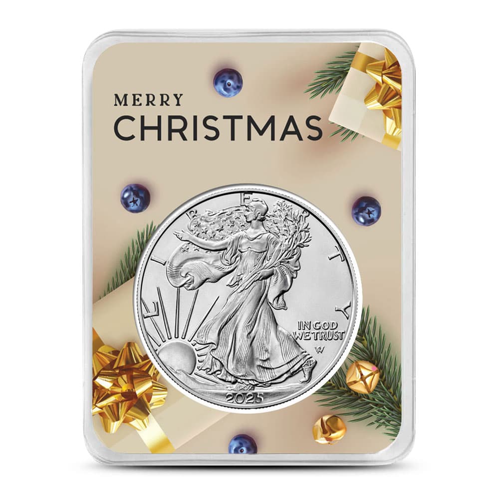 2025 1 oz American Silver Eagle Coin (BU, Merry Christmas Present Card)