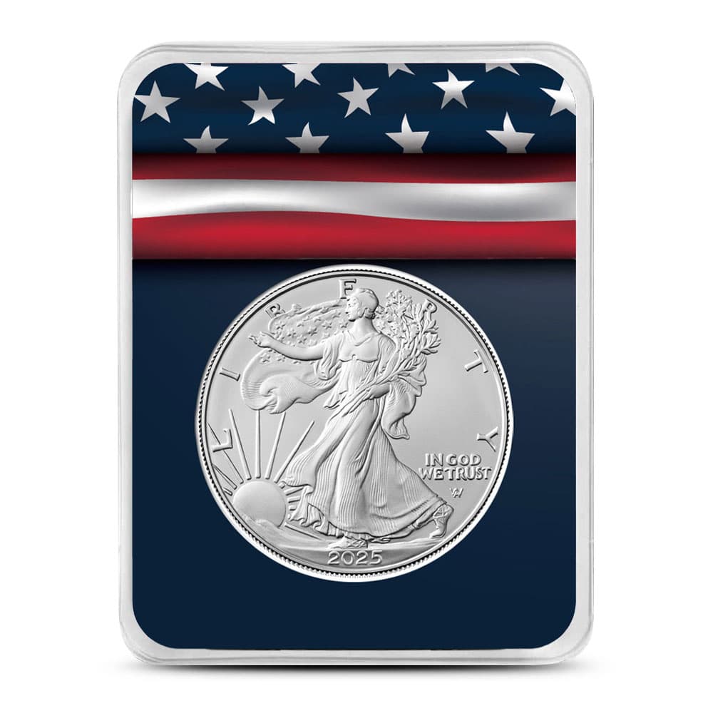 2025 1 oz American Silver Eagle Coin (BU, Blue American Flag Card) 1/21/2025