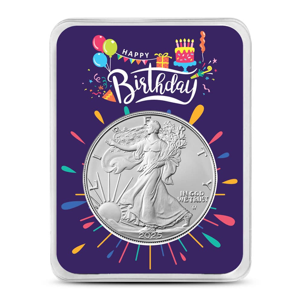 2025 1 oz American Silver Eagle Coin (BU, Purple Happy Birthday Card) 1/21/2025