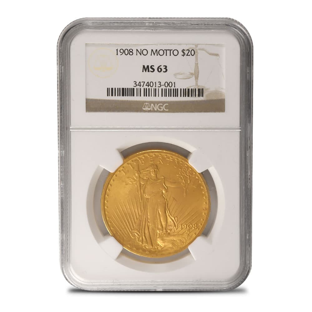1908 Pre-33 $20 Saint Gaudens Gold Double Eagle Coin “No Motto” NGC MS63