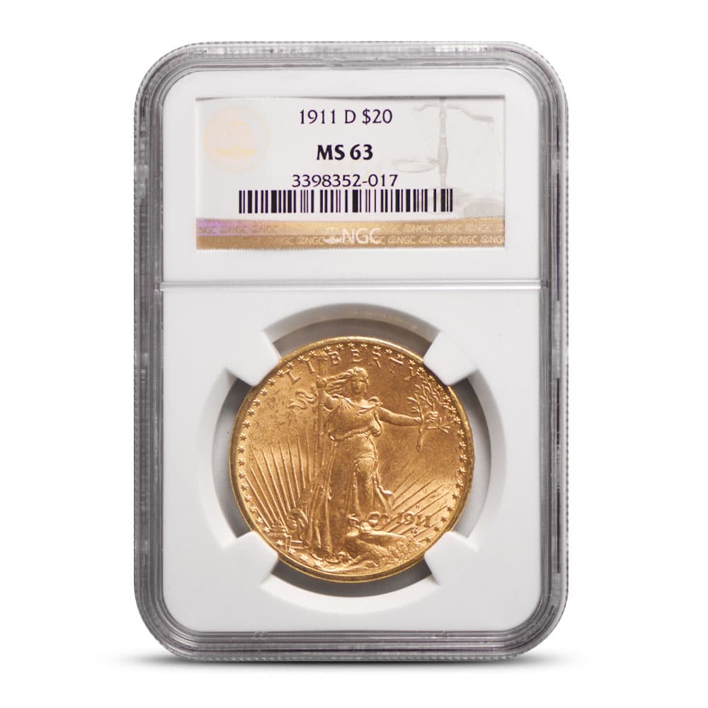 1911-D Pre-33 $20 Saint Gaudens Gold Double Eagle Coin NGC MS63