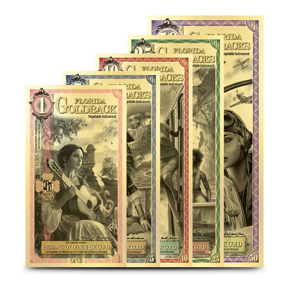 5 Piece Florida Goldback Gold Note Set (Random Year, New) - Jan 22, 2025