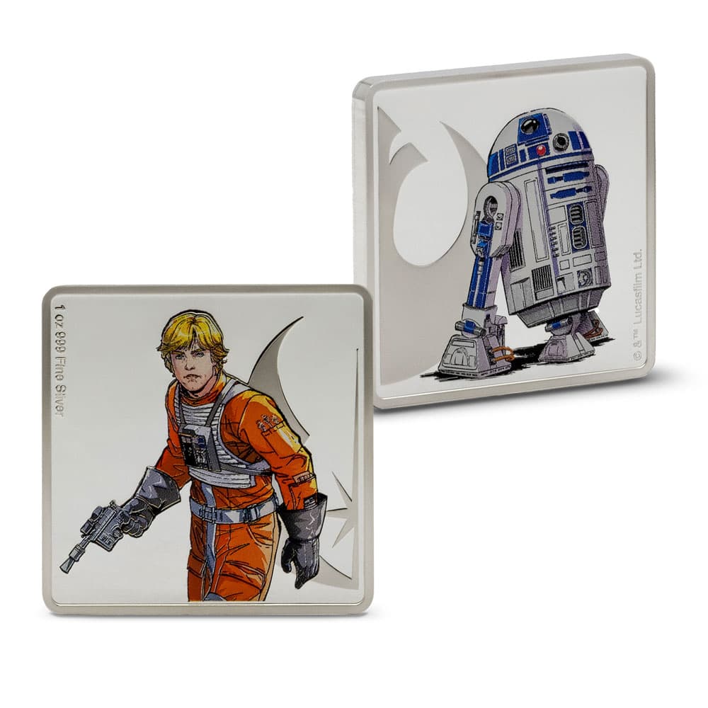 1 oz Proof Colorized Silver Star Wars Allies Series Luke Skywalker and R2-D2 Square Bar (Box + CoA)