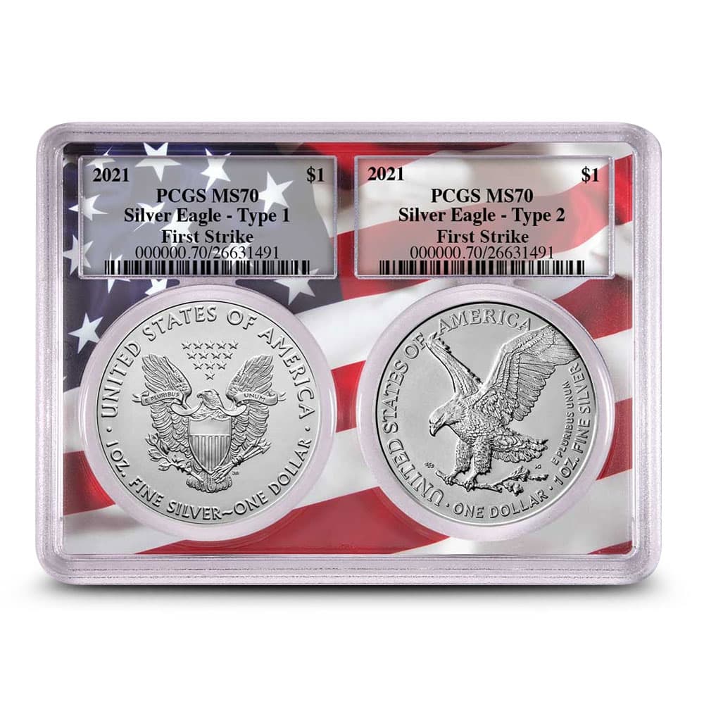 2021 1 oz American Silver Eagle 2-Coin Set PCGS MS70 FS (Flag Label, Types 1 + 2)