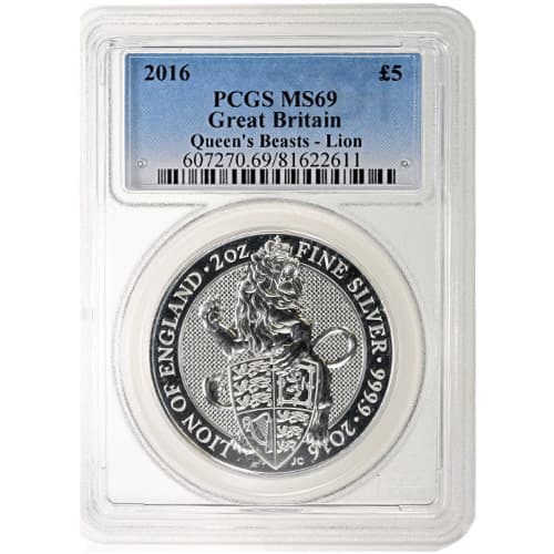 2016 2 oz British Silver Queen’s Beast Lion Coin PCGS MS69