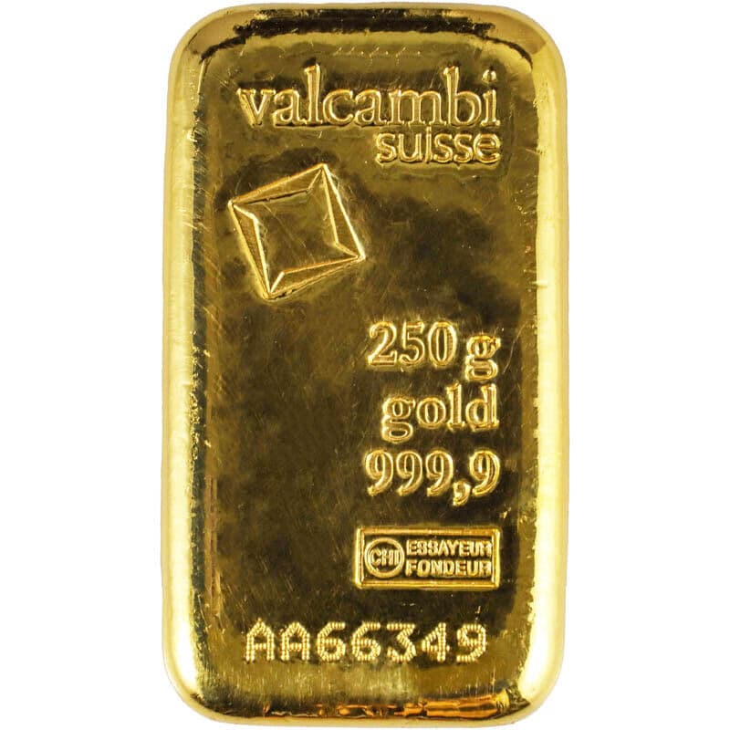 250 Gram Valcambi Cast Gold Bar .9999 Fine (New w/ Assay)