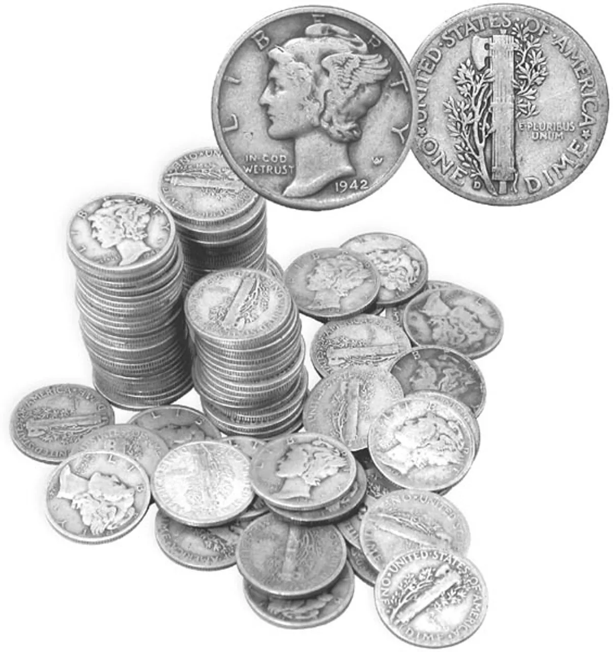 90% Silver Mercury Dimes ($1 FV, Circulated)