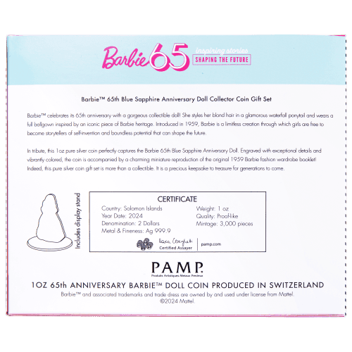 1 oz 2024 65th Anniversary Barbie Blue Sapphire Colourized Silver Coin | PAMP Suisse
