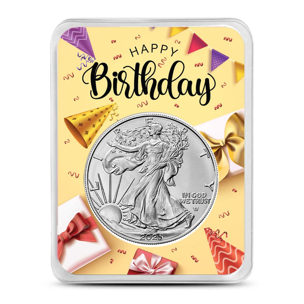 2025 1 oz American Silver Eagle Coin (BU, Yellow Happy Birthday Card) - Jan 21, 2025