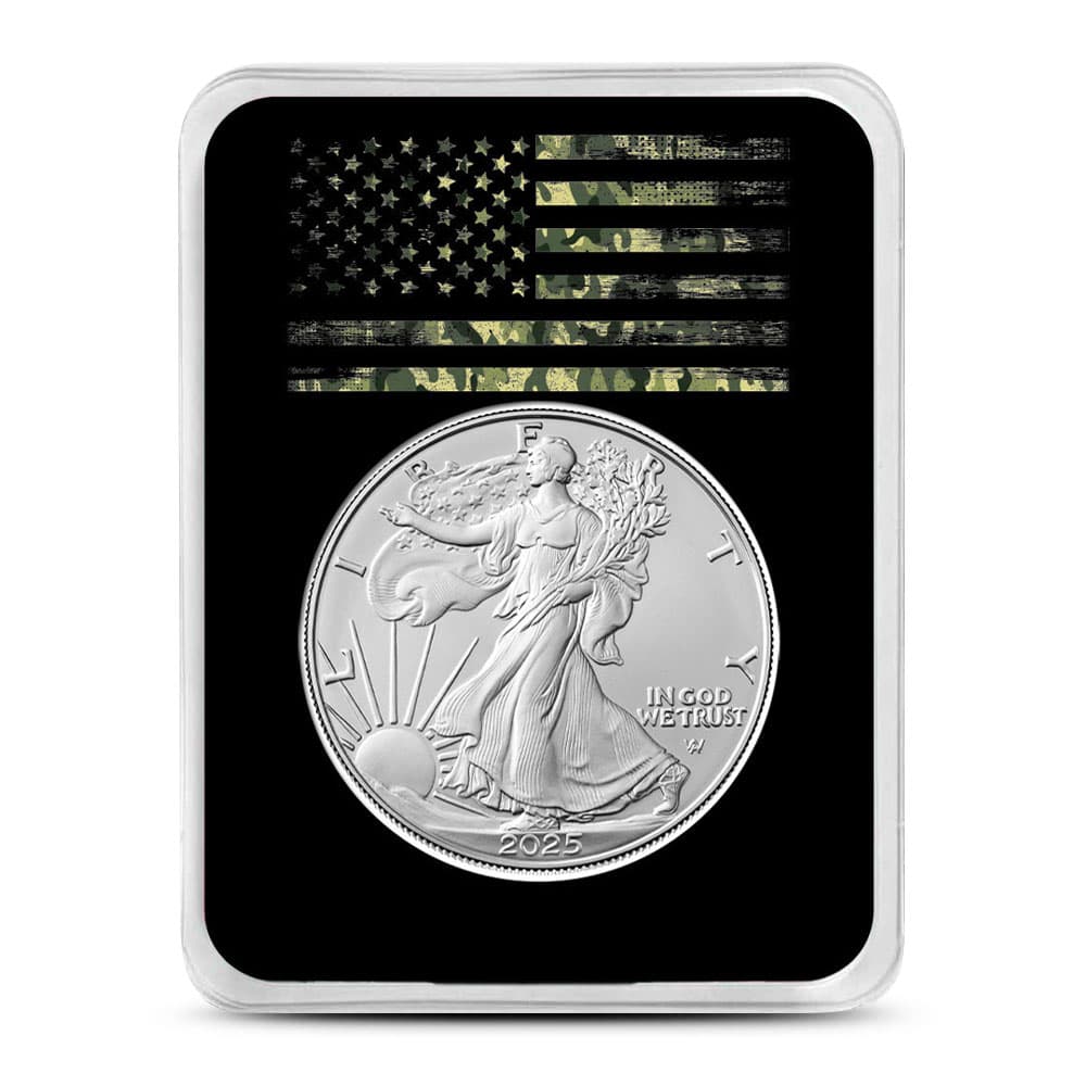 2025 1 oz American Silver Eagle Coin (BU, Black Camo American Flag Card) - Jan 21, 2025