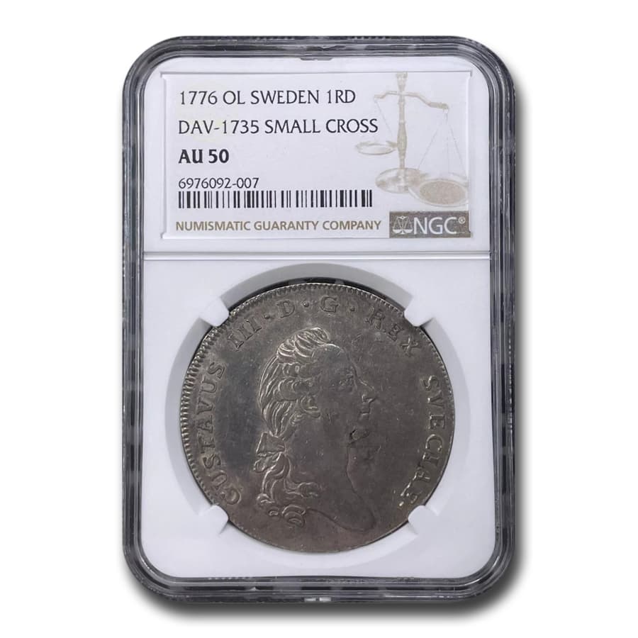 1776 Sweden Silver Riksdaler AU-50 NGC