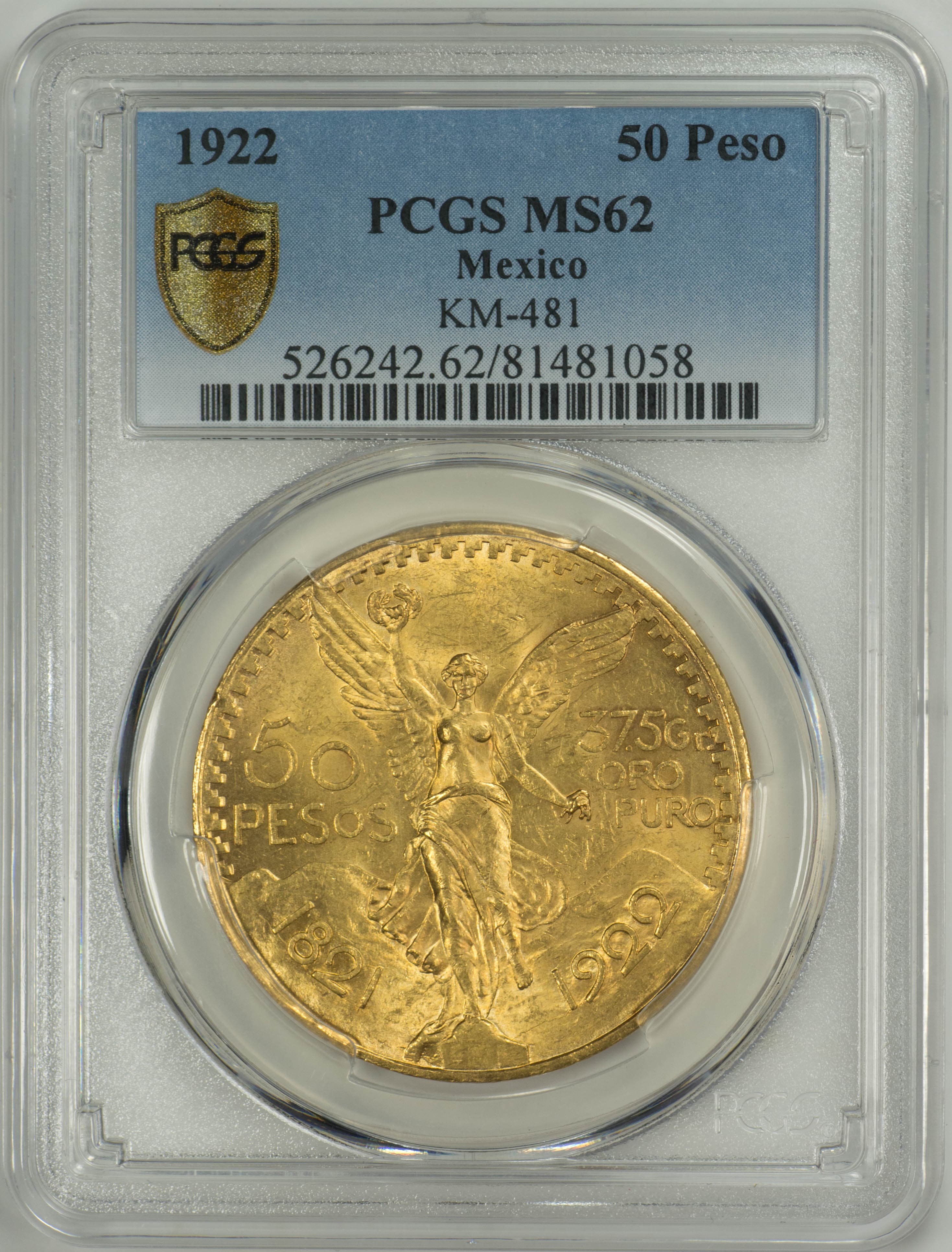 1922 Mexico Gold 50 Pesos MS-62 PCGS