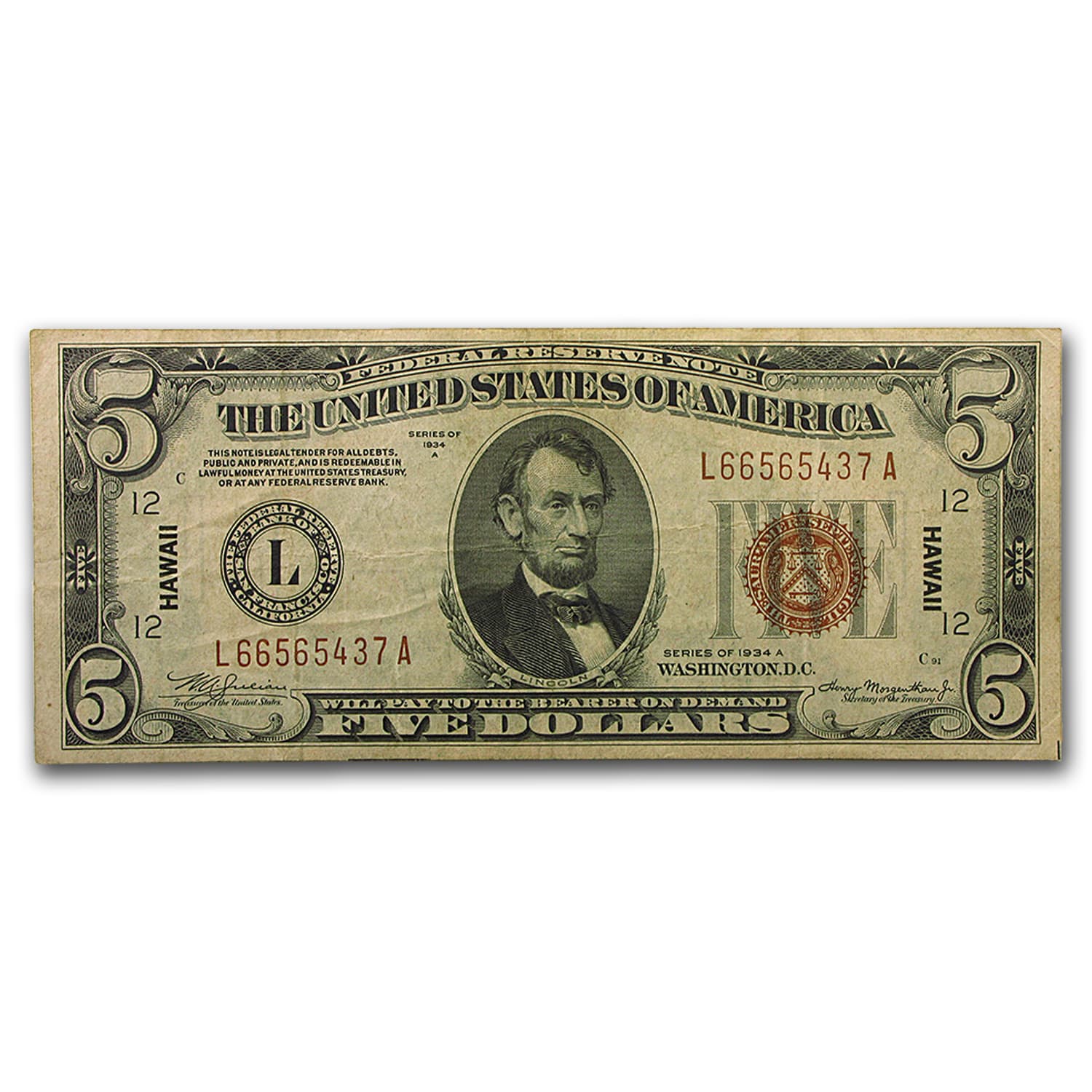 1934-A $5.00 Brown Seal Hawaii VF (Fr#2302)