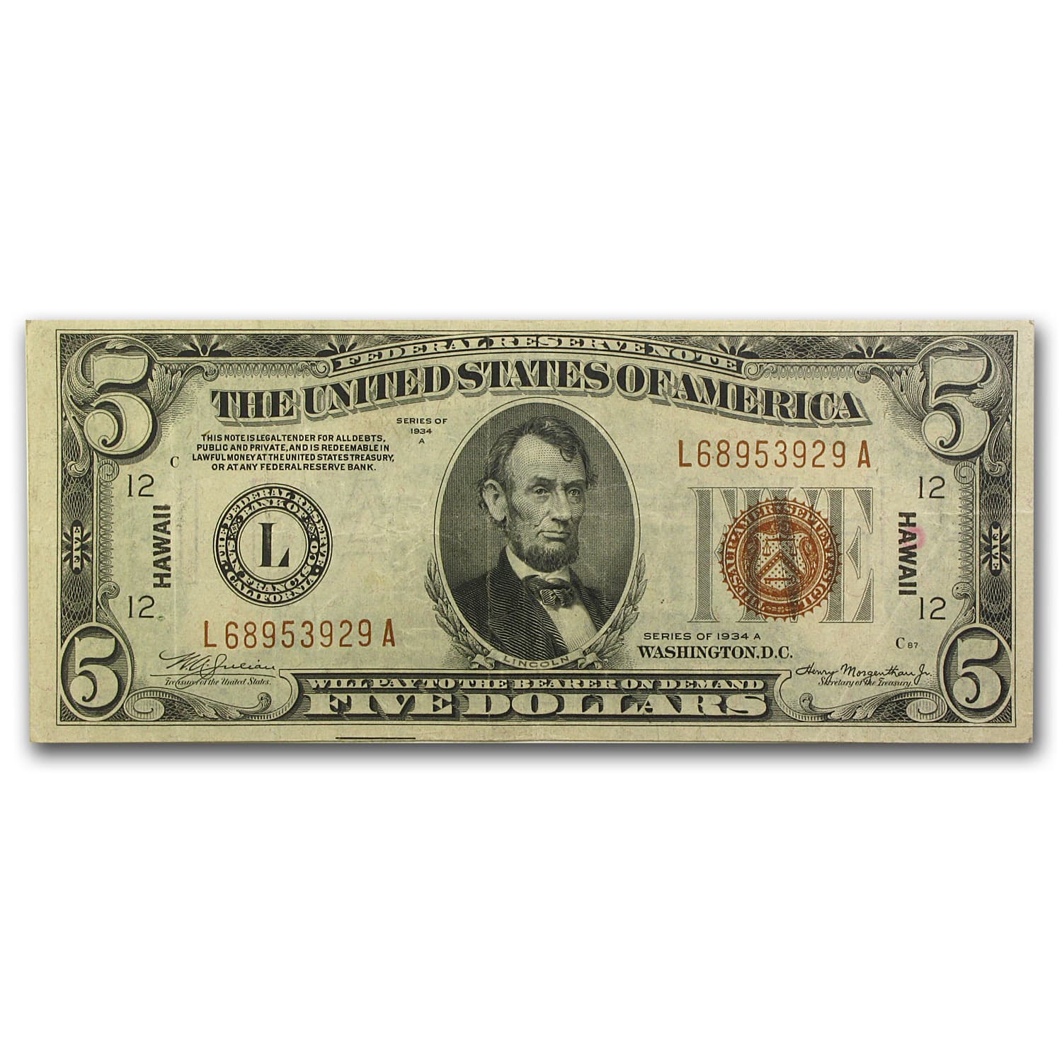 1934-A $5.00 Brown Seal Hawaii XF (Fr#2302)