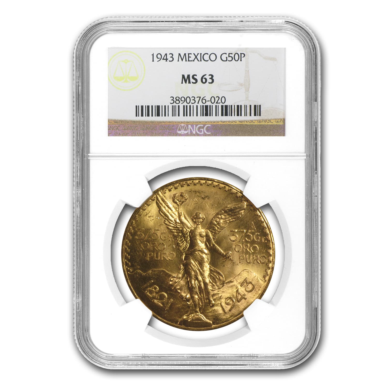 1943 Mexico Gold 50 Pesos MS-63 NGC