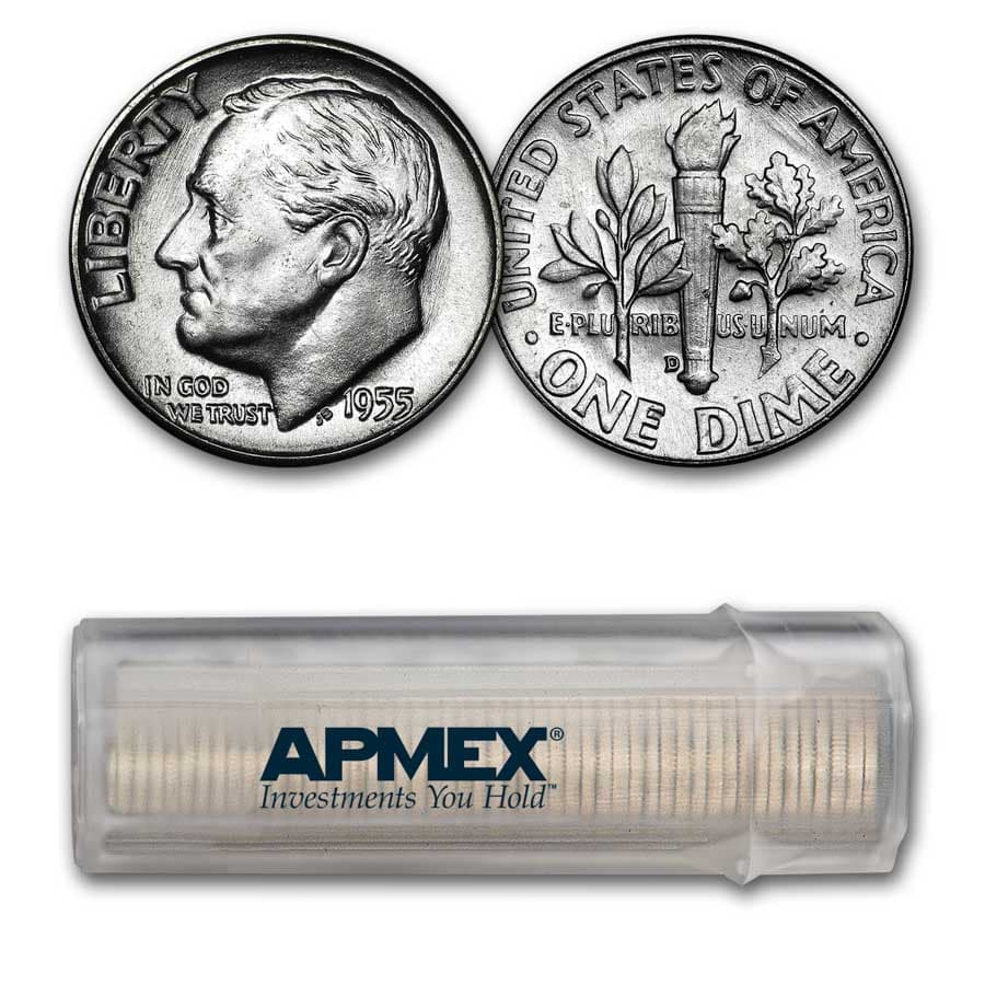 1955-D Roosevelt Dime 50-Coin Roll BU