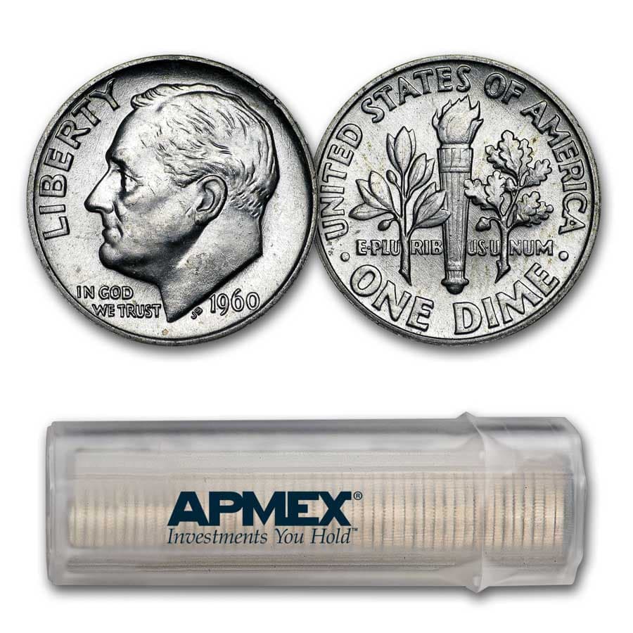 1960 Roosevelt Dime 50-Coin Roll BU