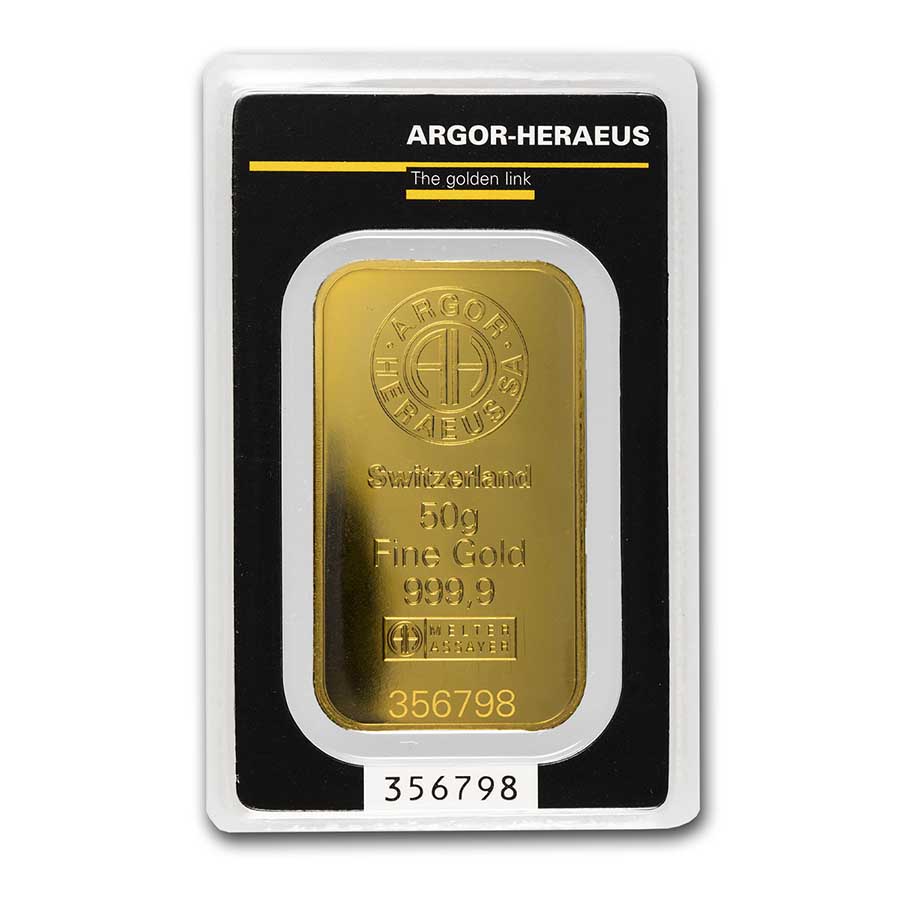50 gram Gold Bar - Argor-Heraeus (w/Assay)