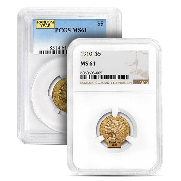 MS61 Graded $5 Indian Head U.S. Gold Coin (PCGS / NGC) - Random Dates