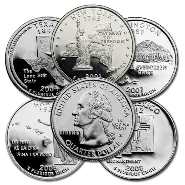 Proof State Quarters, 90% Silver (0.723 oz of silver for every $ of face value)