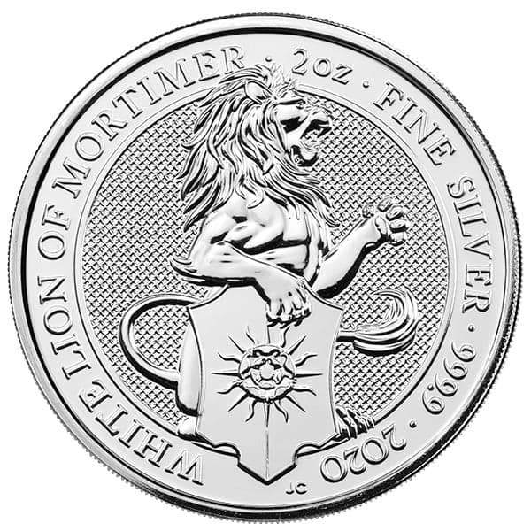 2020 British Royal Mint Queen's Beast; White Lion - 2 Oz Silver Coin .9999 Pure